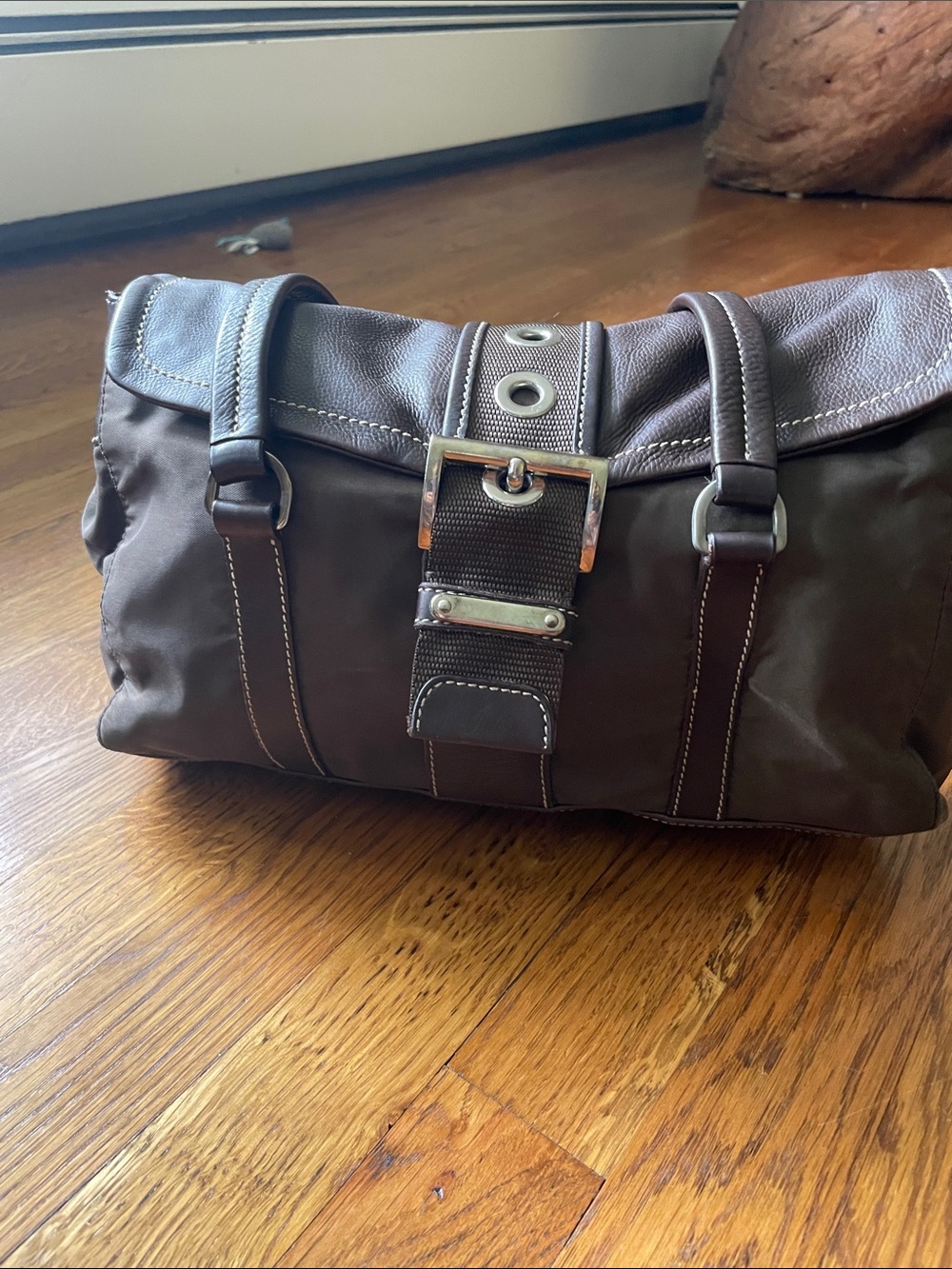 Vintage Prada Tessuto & Vitello Nylon Buckle Shoulder Bag - Brown